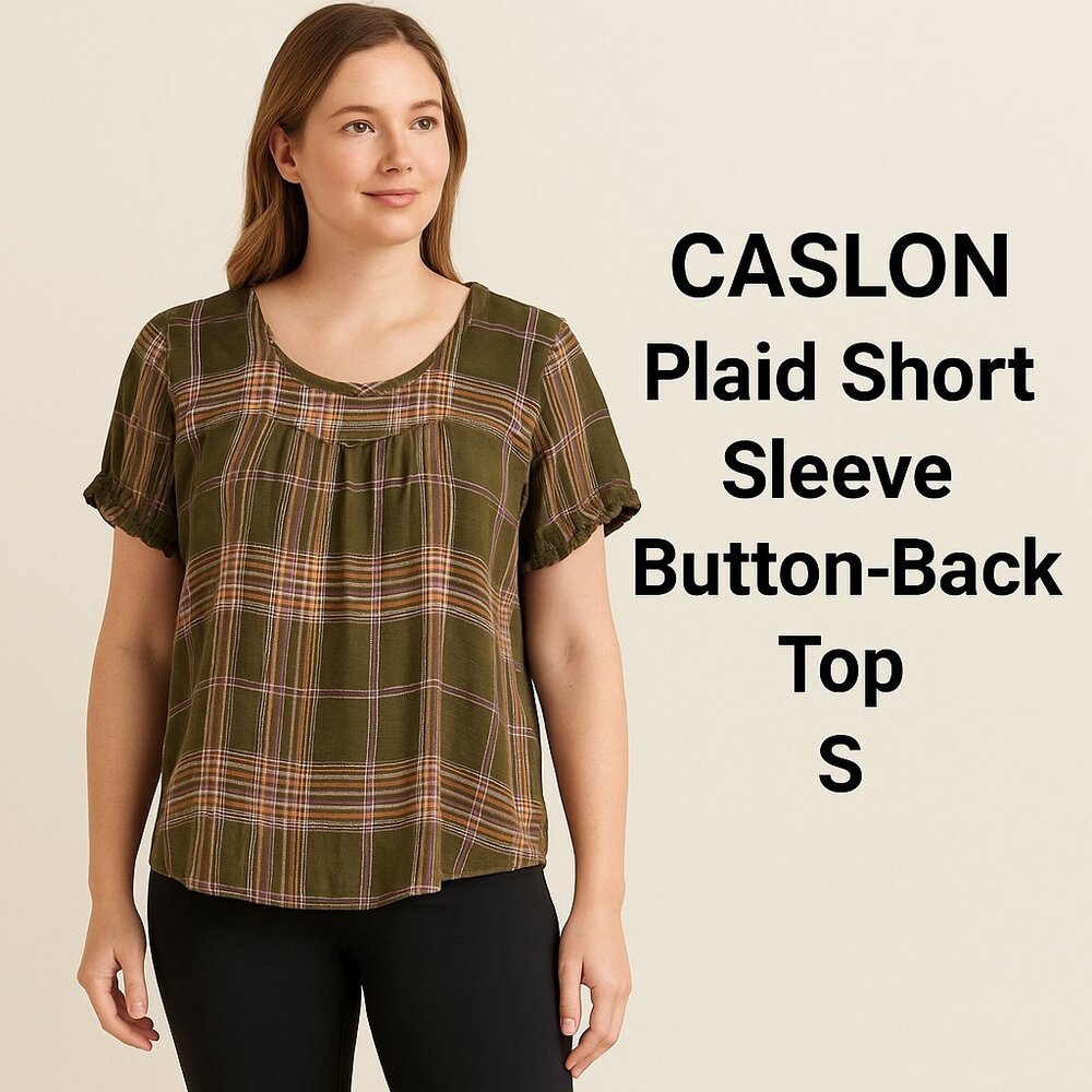 Caslon Plaid Short Sleeve Button-Back Top Women’s Large‎